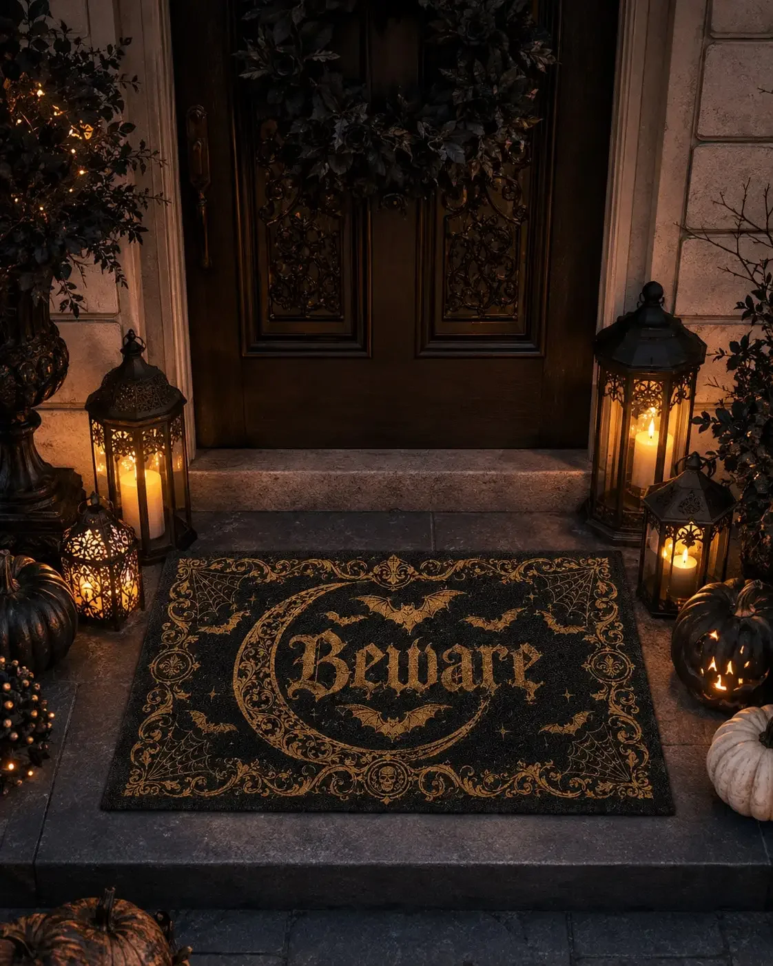 Halloween Doormat Beware Bat Crescent Moon Skull Spider Web Scroll Letter Pattern Front Entrance Porch Patio Indoor Outdoor Kitchen Bathroom Living Room Hallway Haunted House Holiday Decor Trick Or Treat Party Housewarming Gift Autumn Seasonal