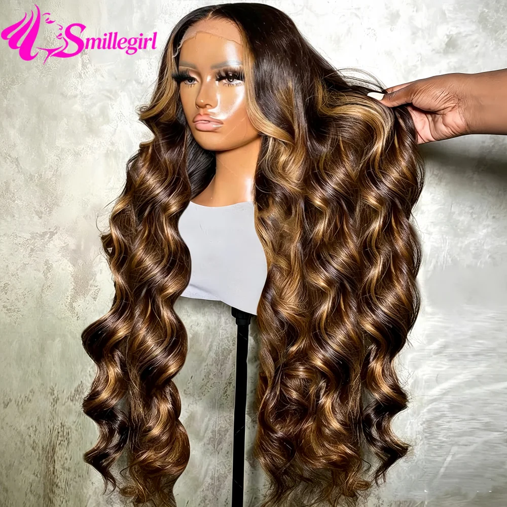 P4/27 Highlight Brown Body Wave 13x6 HD Lace Frontal Human Hair Wigs Brazilian Colored 13x4 Transparent Lace Wigs Pre Plucked 36 Inch For Women