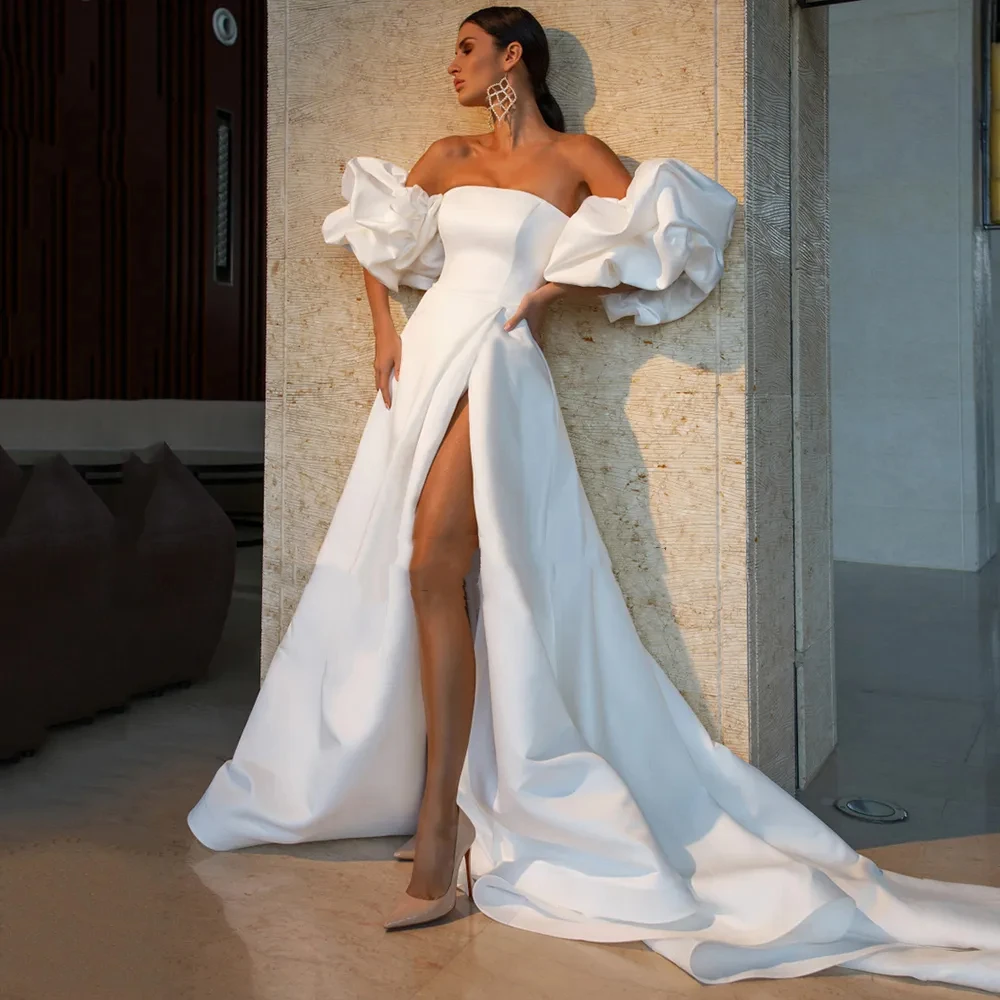 A-Linie weiß Satin hoch gespalten träger losen offenen Rücken flauschige Ärmel elegante Frauen Braut Brautkleid Vesido Novia Anpassung