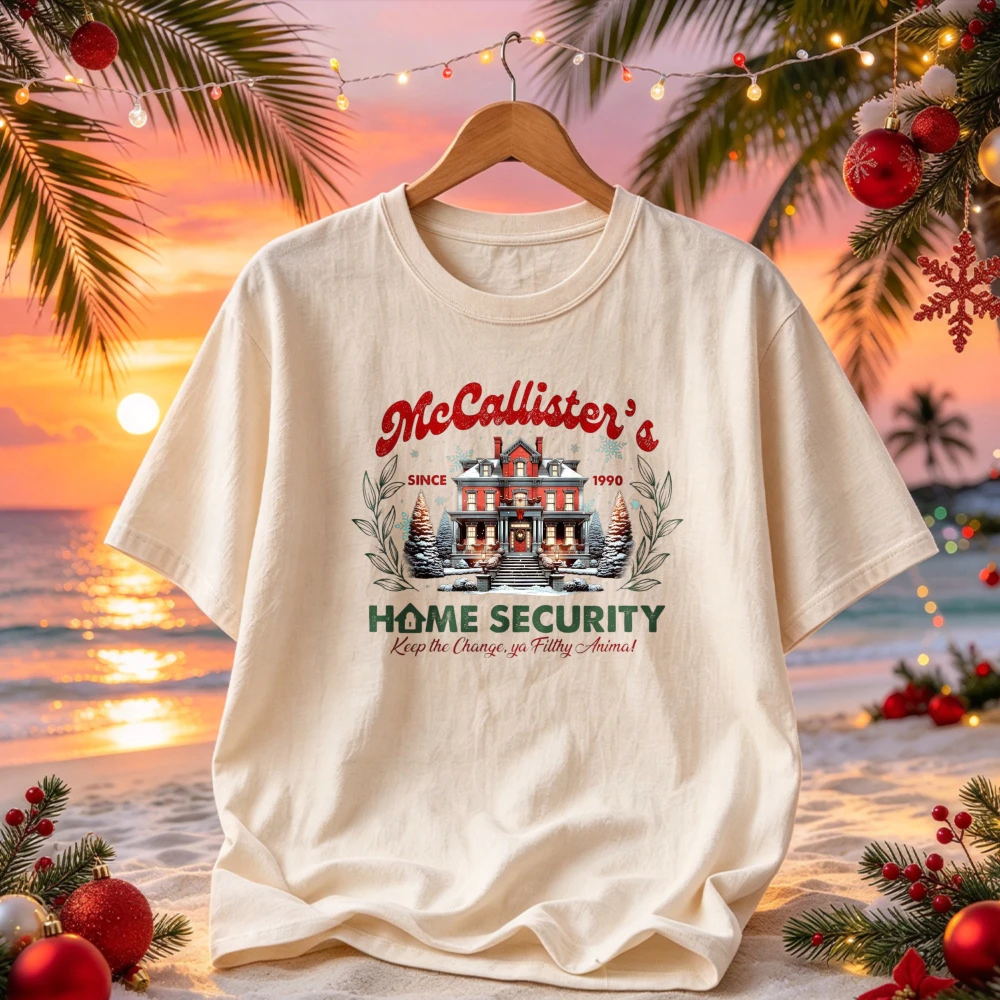 McCallister's Home Security Graphic T Shirt Home Alone Movie Vintage House Print Crew Neck Retro Christmas Holiday Casual Tees