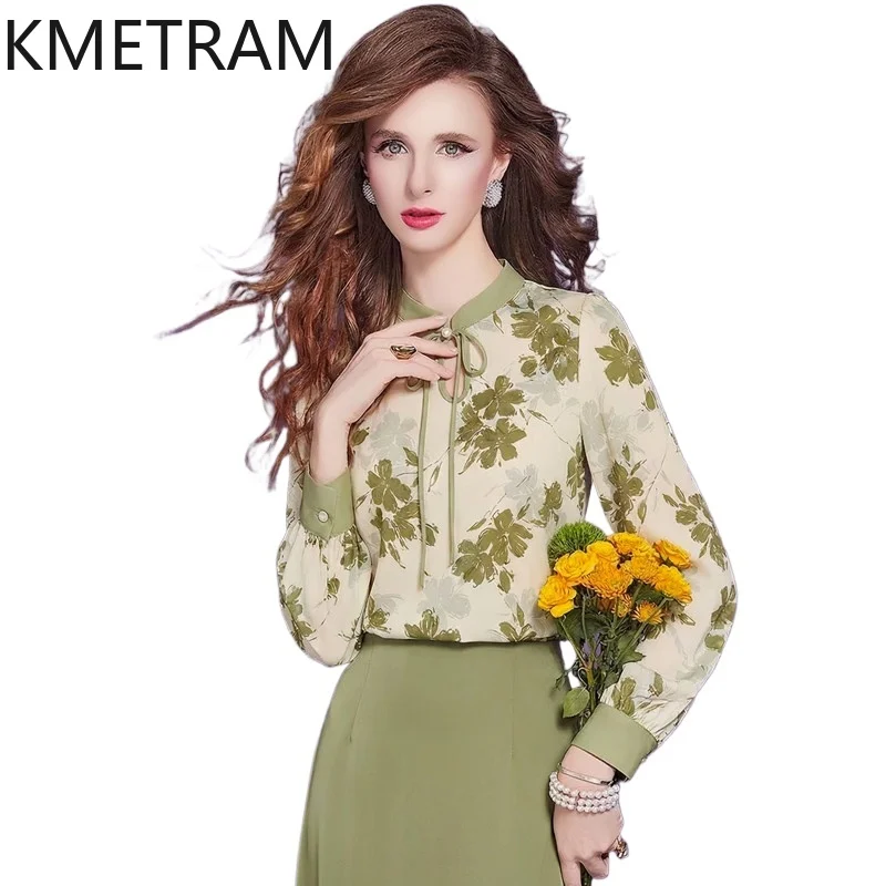 

KMETRAM Новая женская блузка в китайском стиле с элегантным принтом, воротником-стойкой и длинным рукавом, весенние топы 2026, женская одежда, рубашка