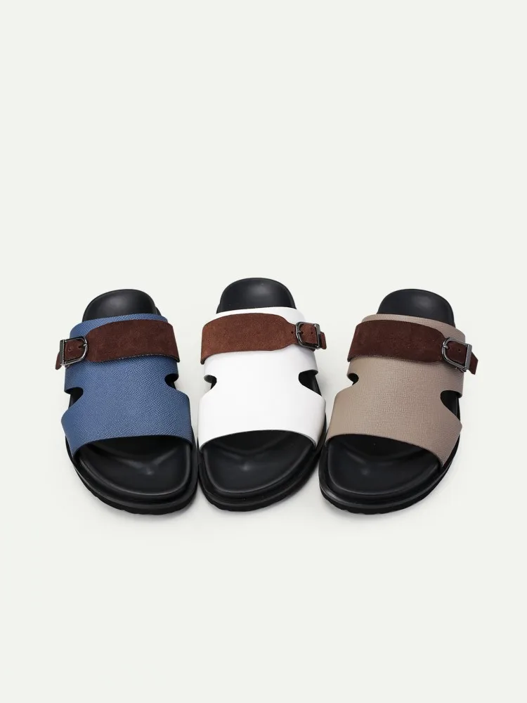 Summer Outside Fashion Mens Shoes Genuine Leather Slippers Open Toe Breathable Hollow Out Mixed Colors Non Slip Platform Slides