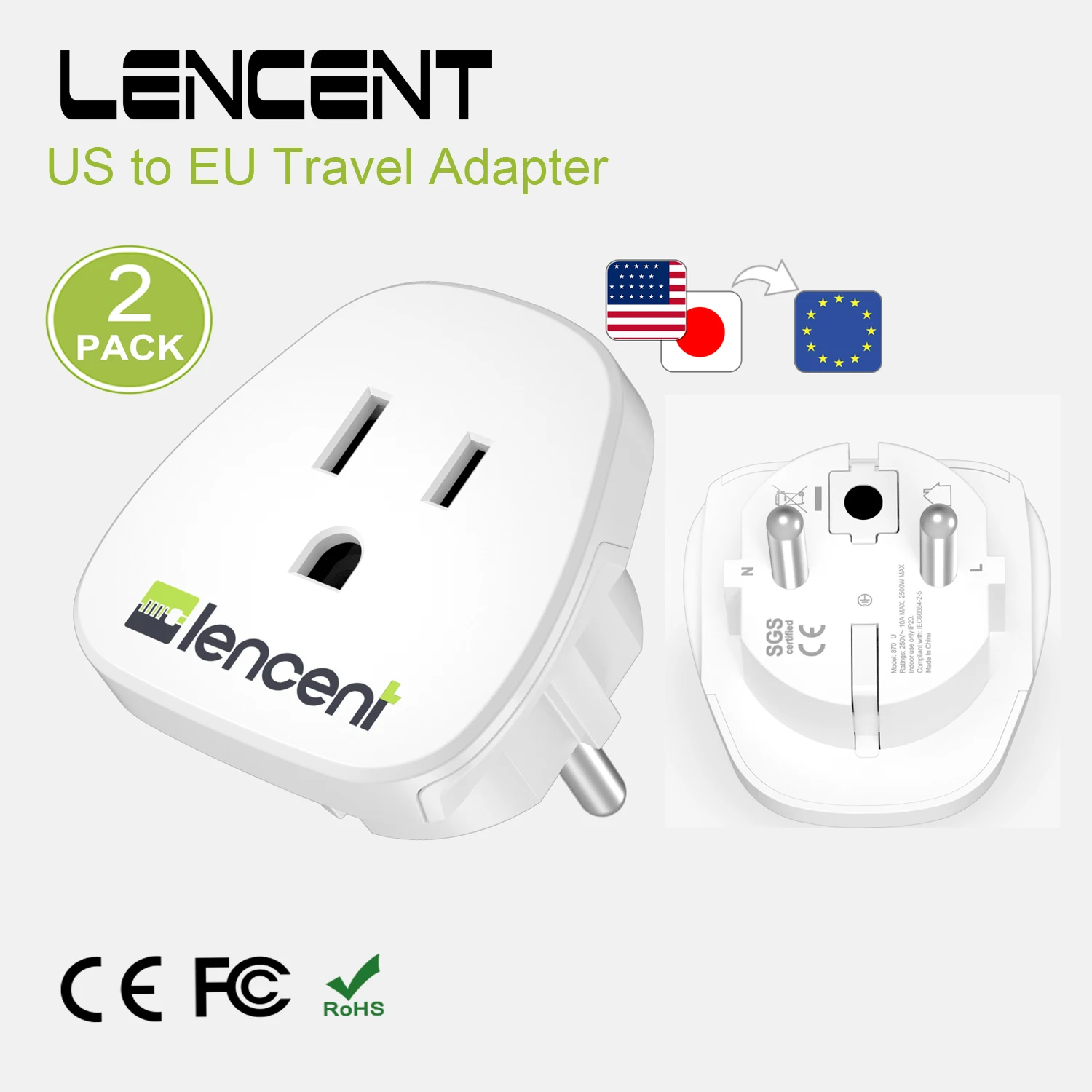 LENCENT 2 PCS US to EU Travel Adapter Schuko European Travel Plug Outlet Adaptor Charger for US to Europe EU German French