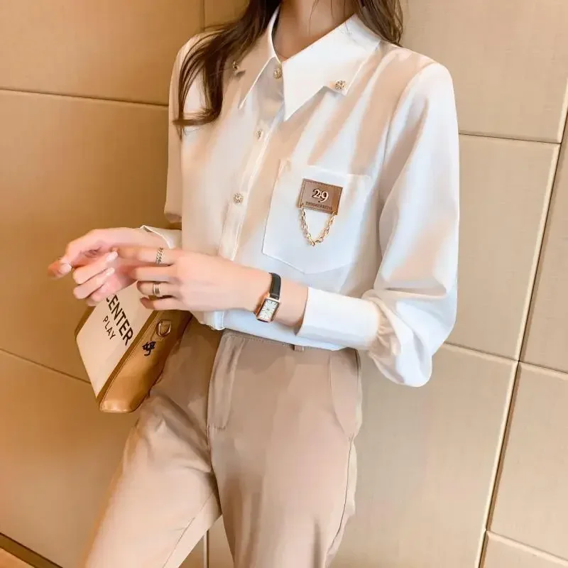 Spring Autumn New White Chiffon Shirt Tops Solid Polo Neck Long Sleeve Korean Youth Blouse Temperament Elegant Women Clothing