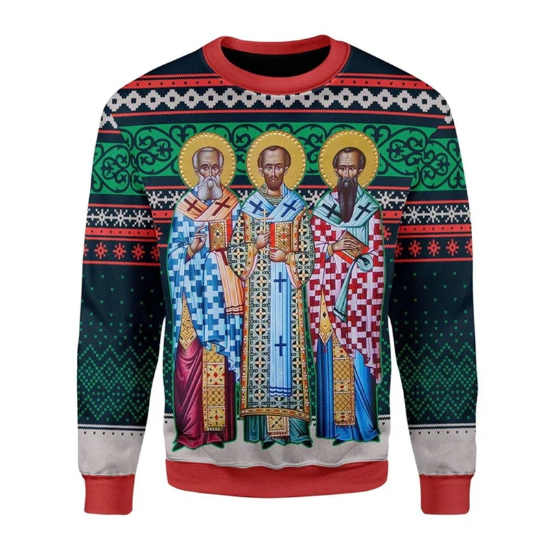 Ugly Christmas Sweater 3D Jesus Saints Printed Holiday Party Sweatshirt For Christian Sweatshirt Men Casual Long Sleeve Pullover