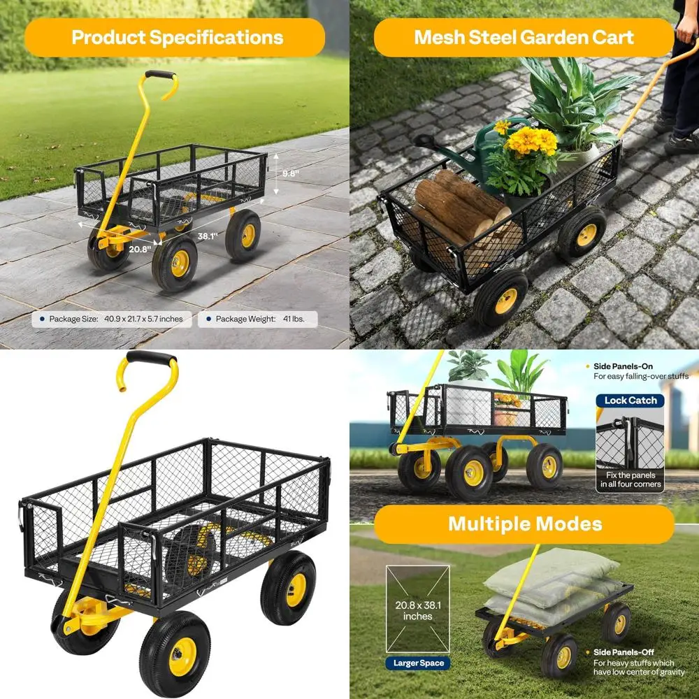 

Складная стальная садовая тележка емкостью 880 фунтов, сетчатая конструкция, съемные стороны, 10 шин
