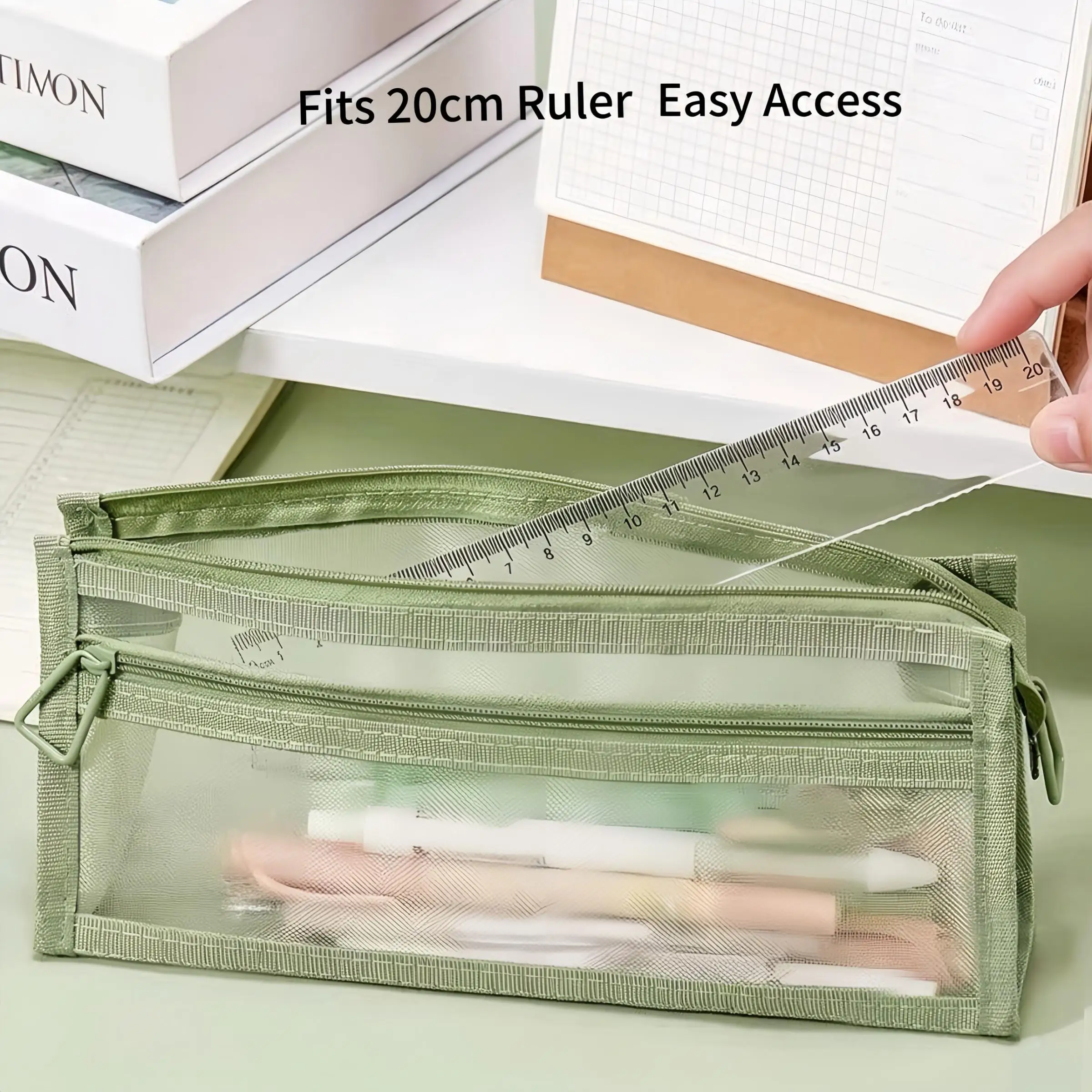 Desk Storage Morandi Grid Mesh Pencil Case with Handle and Zipper Clear Double-layer Pencil Pouch Marker Pouch,Travel Makeup Bag