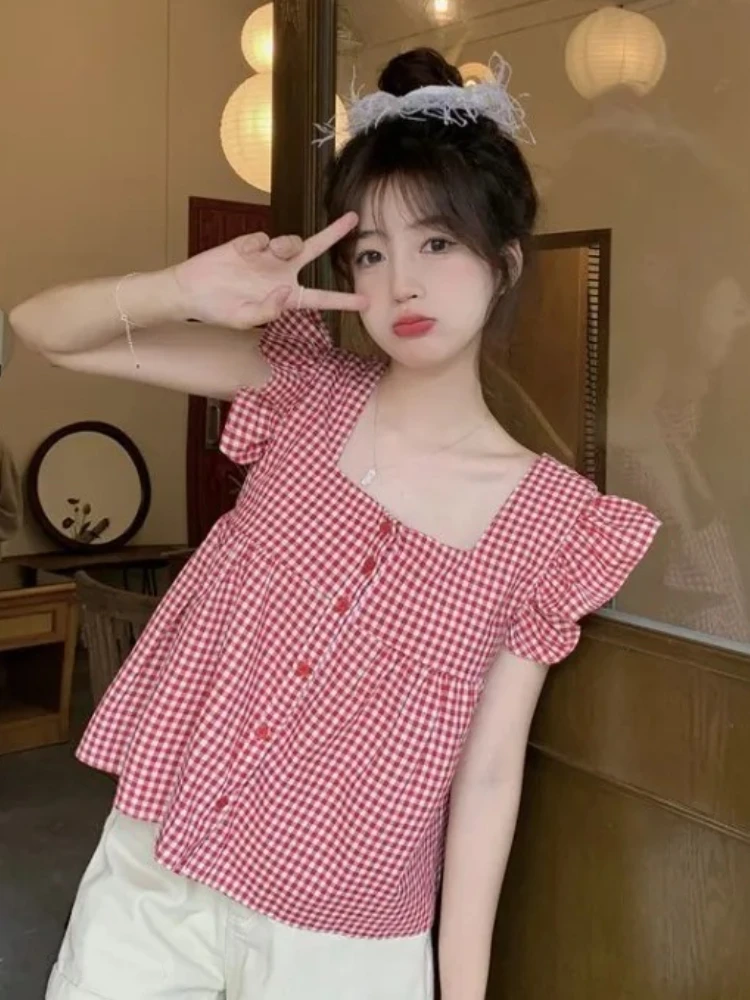 

Shirts Women Summer Cute Japanese Style College Chic All-match Girlish Mujer Blusas Streetwear Sweet Plaid Fashion Flying Sleeve