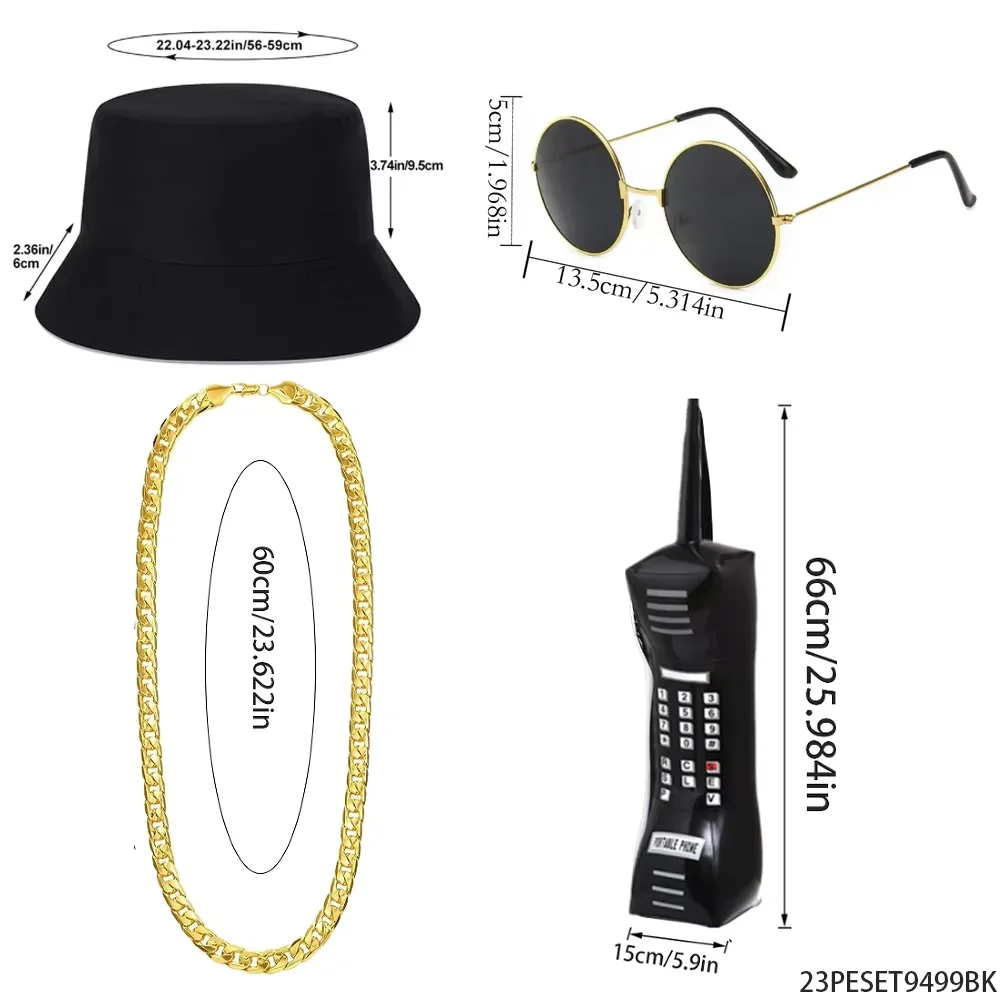 PESENAR Conjunto de fantasia retrô hip hop dos anos 90, chapéu balde, óculos de sol, corrente dourada, retrô, acessório de festa para celular