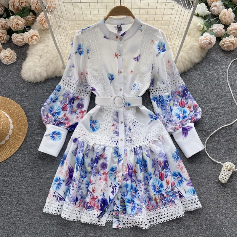 

Ethnic Style Hollow-Out Women Dresses O-neck Lantern Sleeve Chic Summer Dress 2023 New Spring Print Shirt Dress with Belt