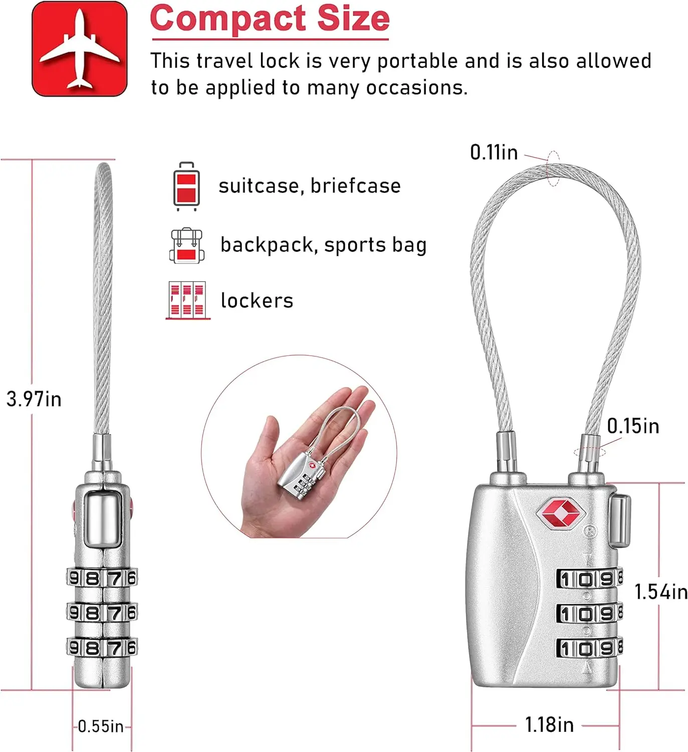 3 Digit Combination Cable Lock, TSA Lock for Luggage, Travel Padlock, with Alloy Body for Suitcase, Baggage, School, Gym