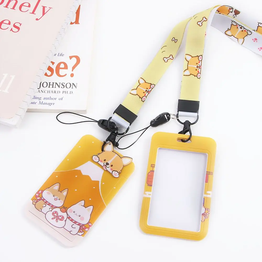 Kredit ID Shiba Inu dengan Lanyard gantungan kunci, penutup penyimpanan kartu Korea, wadah kartu akses kontrol kartu kartun