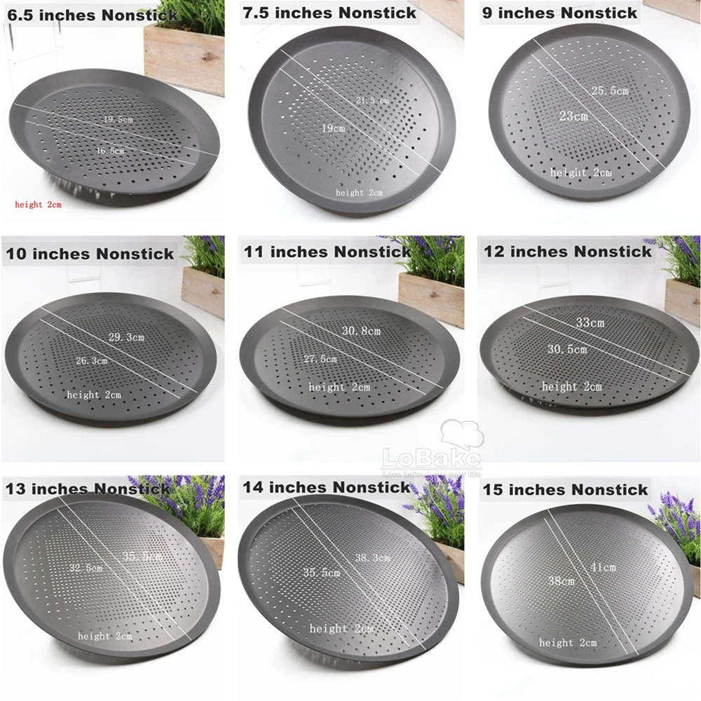 Various 6.5 to 15 Inches Nonstick Hard Film Aluminium Round Pizza Pan Pancake Pie Mold Plate with Punching Leaky Holes DIY Bake