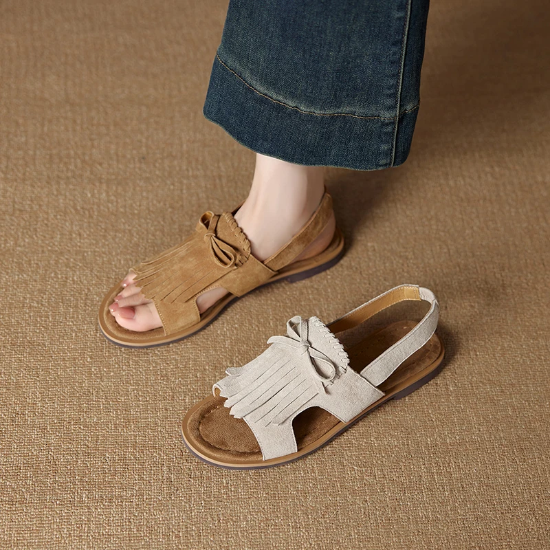 

Fashion Women Tassel Sandals Summer slingback Flats Retro Pumps Suede Leather Casual Round Toe Shoes Office Dress Size 34-39