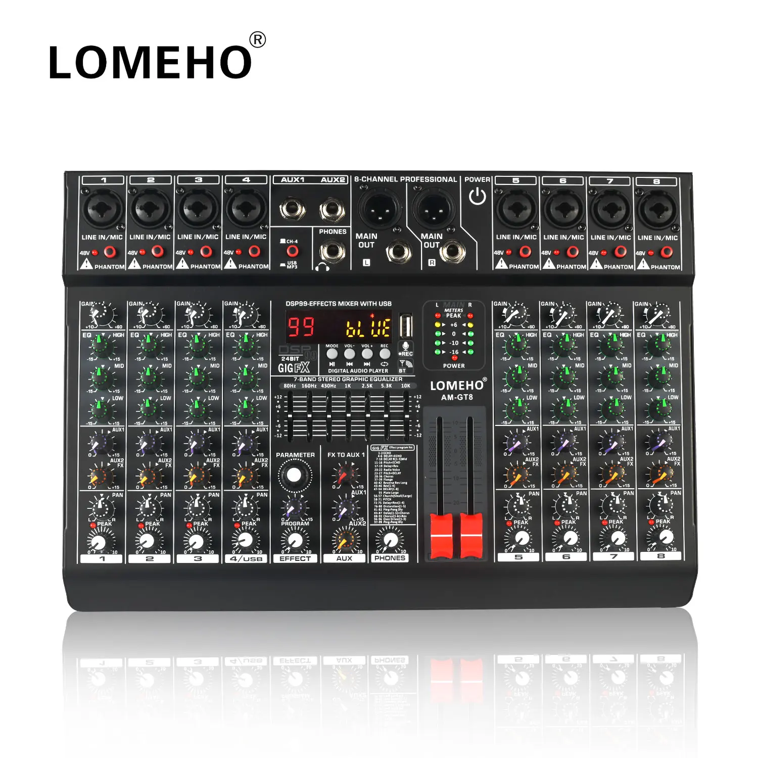 

LOMEHO 99 Effect 8 Channel Mixing Console 7 Band EQ 2 AUX Output 48V Audio Sound Mixer USB Bluetooth Play Mix Table AM-GT8