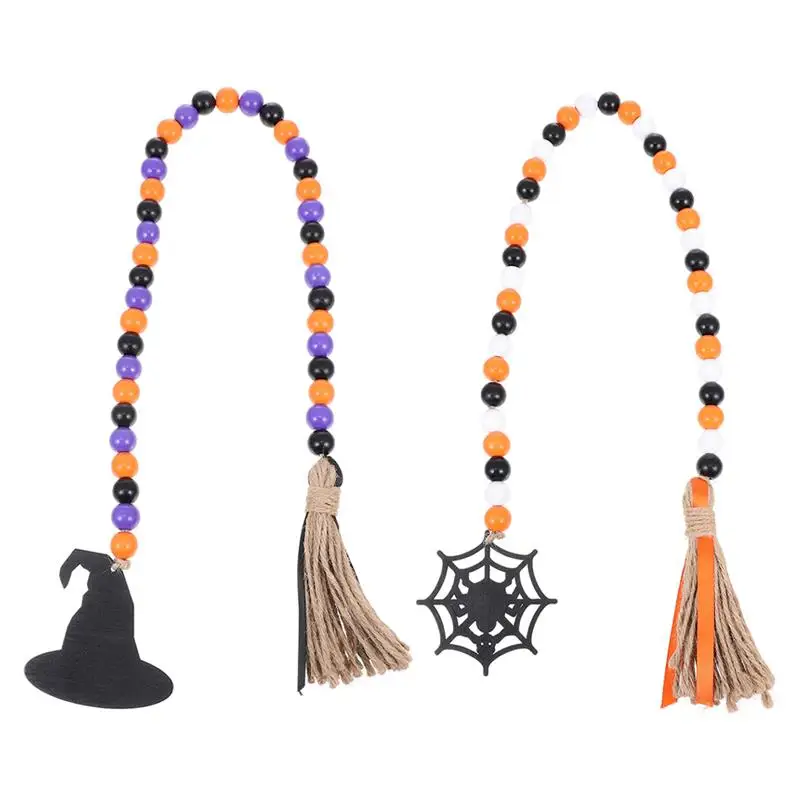 

2Pcs Halloween Hemp Rope Tassel Beaded Holiday Decoration Tray Pendant Halloween Wood Beads String Decor Beads String Ornament