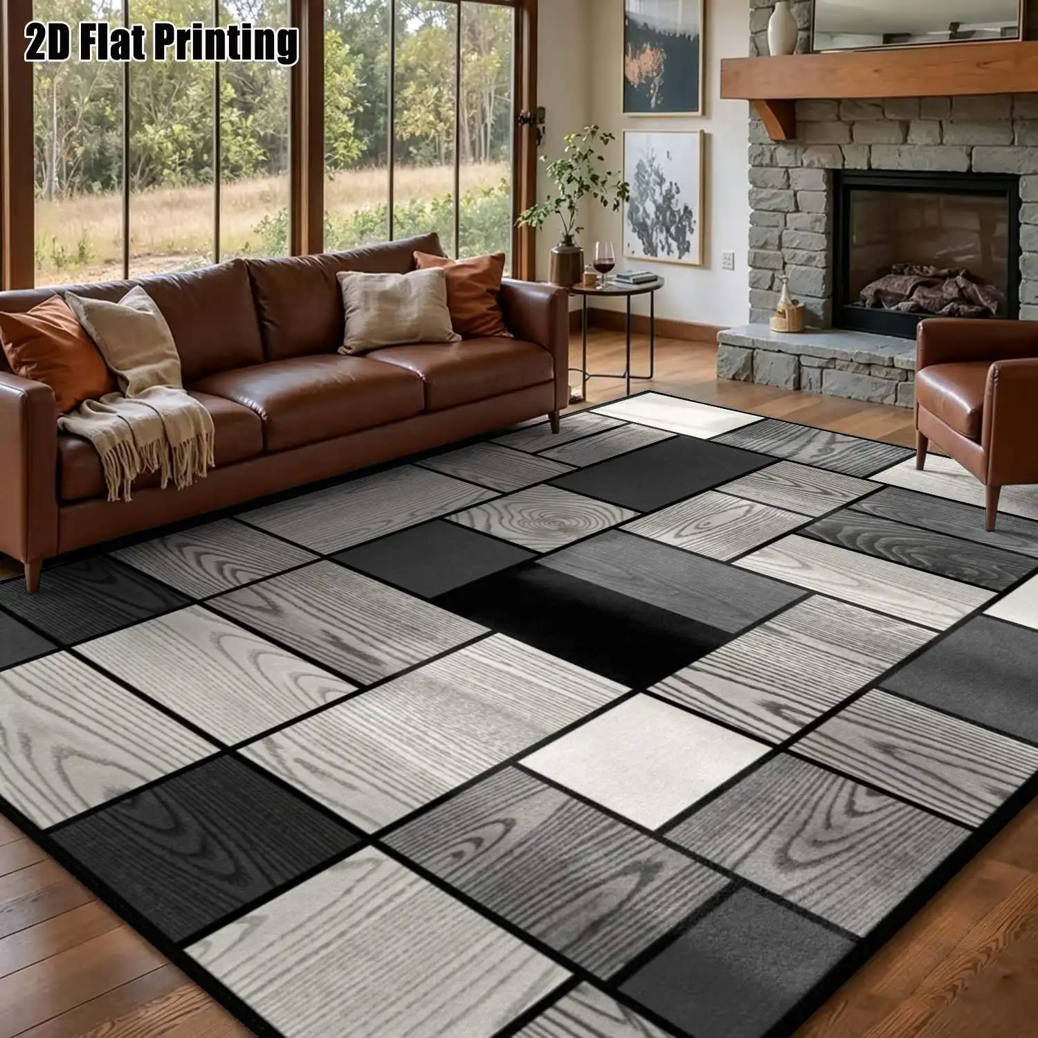 1Pc 2D Printed Carpet: Black, Gray & White Geometric Wood Grain, Modern Simple Style, Multi-Size, Machine Washable, Ideal for Multi-Scene Decor