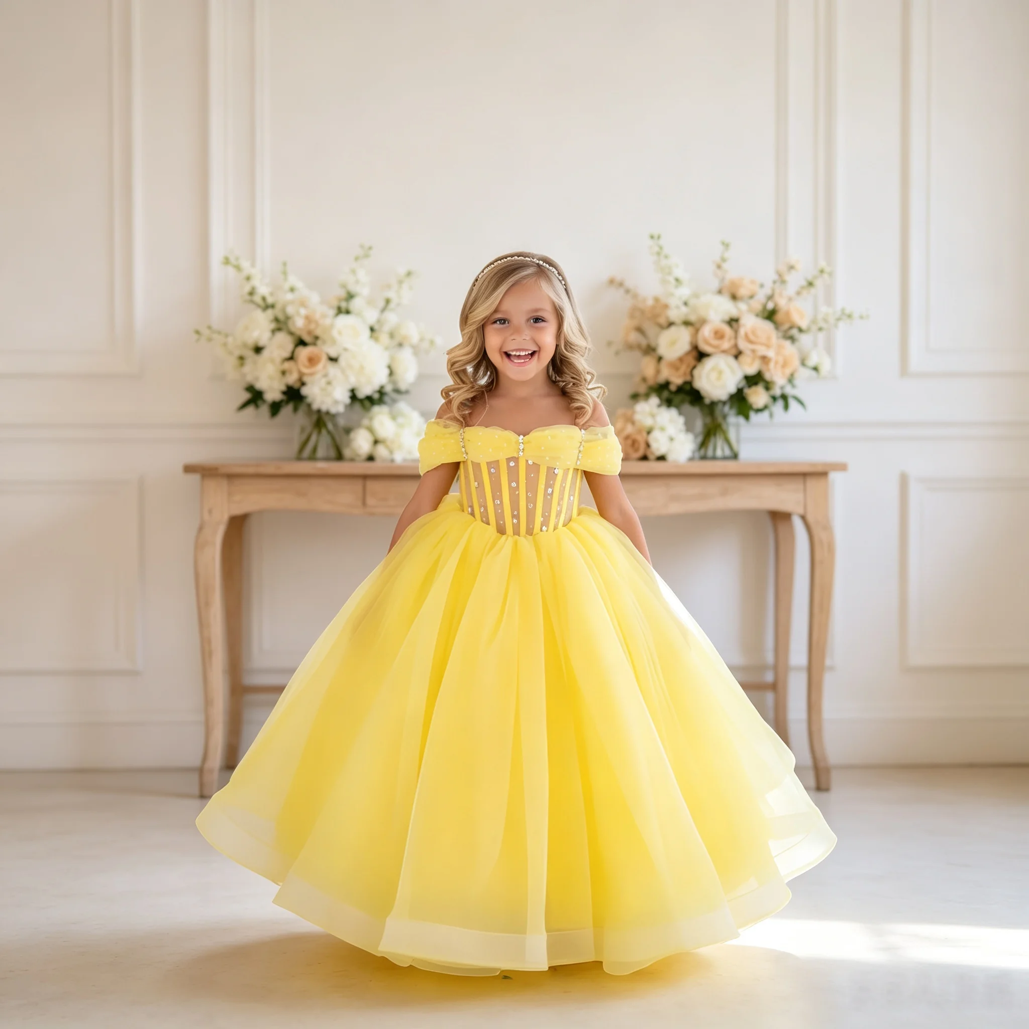 2026 New Yellow Tulle Flower Girl Dress One-shoulder Rhinestone Waist Long A-line Princess Dress Girl Birthday Party Dress
