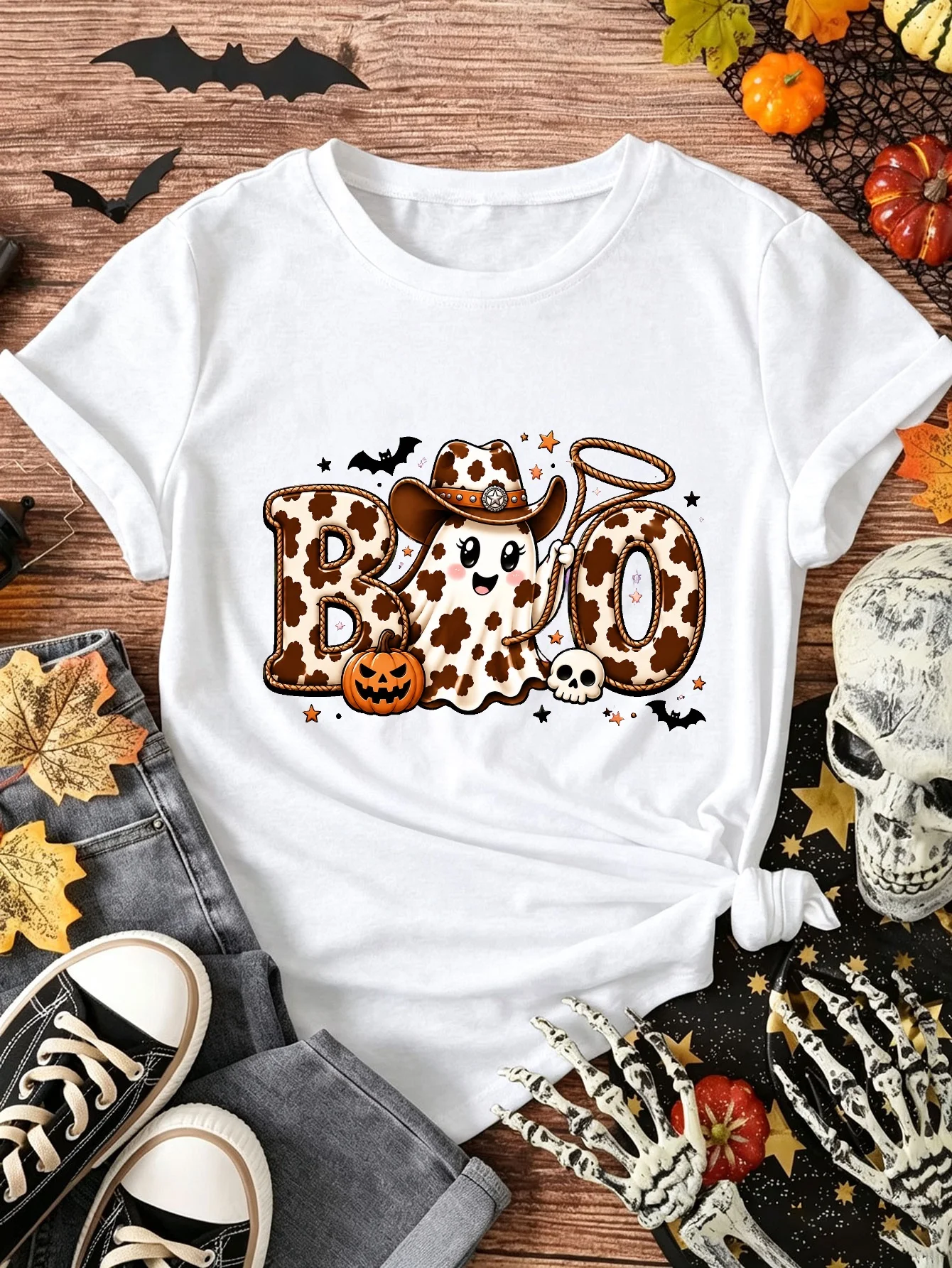 Women's Crew Neck Short Sleeve TShirt Halloween Cowgirl Graphic Top Western Country Style Cute Boo Pumpkin Print T Shirt Clothes