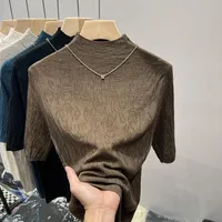 2025 Knitted Half-turtleneck Pullovers Women Bottom Shirts Sweater Jumper Elegant Korean Fashion Short Sleeved Tops Knitwear New