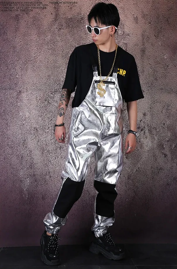 Fashion GOGO Dance DJ Costume Adult Male Hip Hop Dance Costume Silver Overall Men Hip Hop Pant Nightclub American Clothing