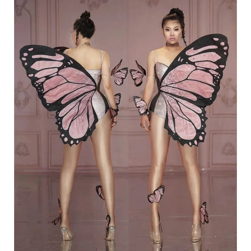 Bling rosa asas de borboleta strass bodysuit dança traje feminino festa mostrar desempenho palco wear halloween cosplay custo mn1
