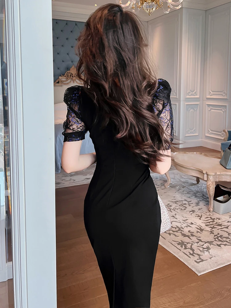 Summer Dress 2023 Women Elegant Sexy Sheer Lace Embroidery Black Bubble Sleeve Split Robe Party Date Banquet Vestido Feminino