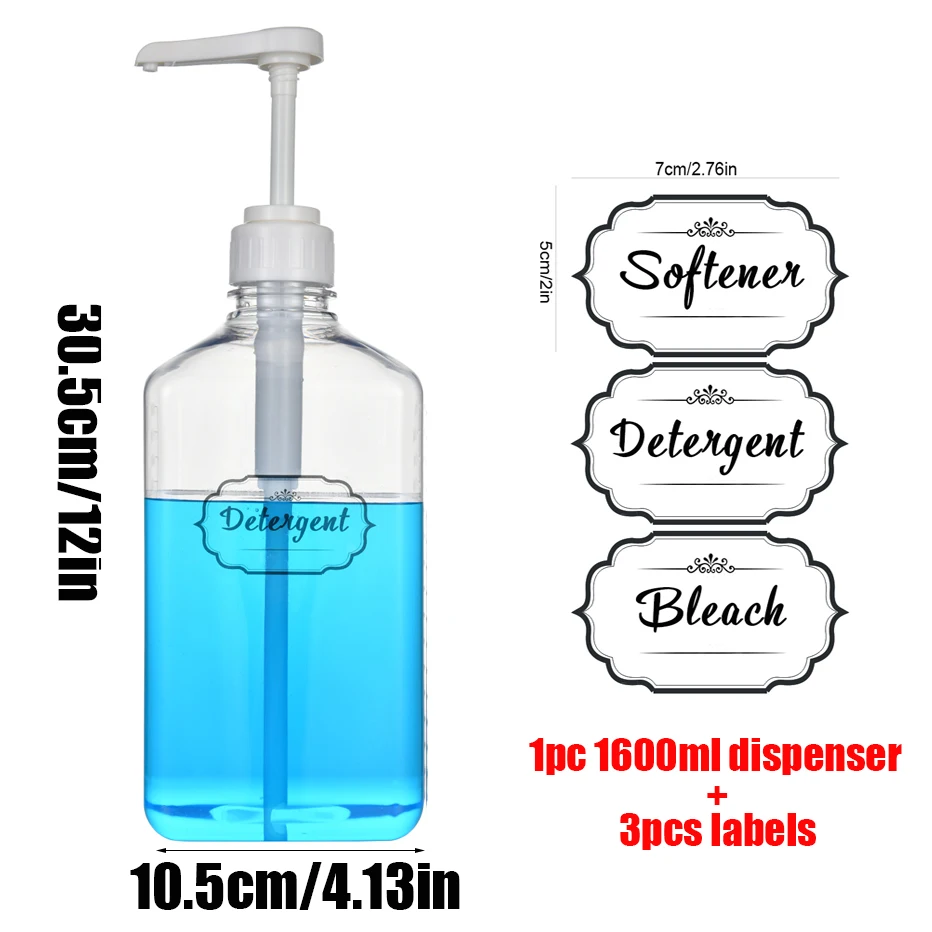 1600ml Laundry Detergent Dispenser 10CC Pump Fabric Softener Bleach Container Bottle Liquid Laundry Soap Bottle with Labels