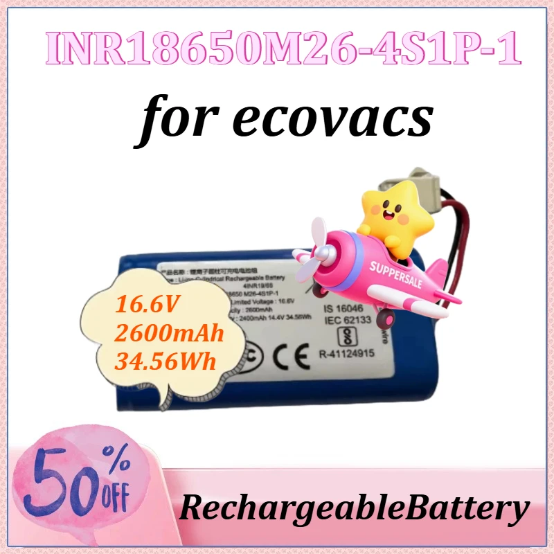 

16.6V 2600mAh 34.56Wh INR18650 M26-4S1P-1 Battery for Ecovacs DG500 CEN588 for Dibao U2 Series Robotic Vacuum Cleaner