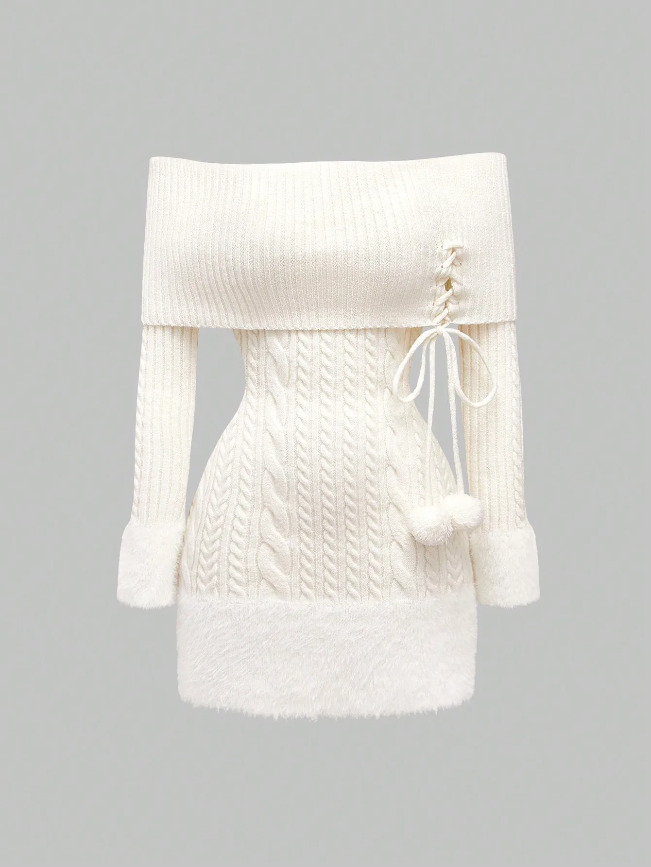 

Off Shoulder Cable Knit Sweater Dress with Fuzzy Trim and Pom Pom Lace Up Detail
