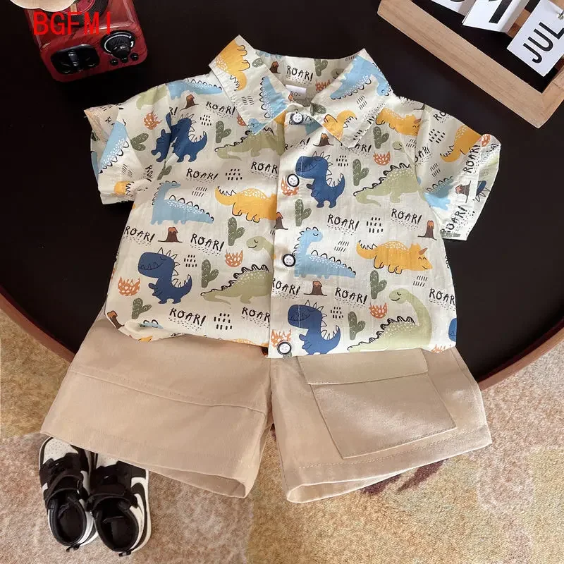 Baby Kid Clothes Cool Single Breasted Dinosaur Print Summer Short Sleeved Shirt Set Infan Preschool Boys and Girls Clothing Set