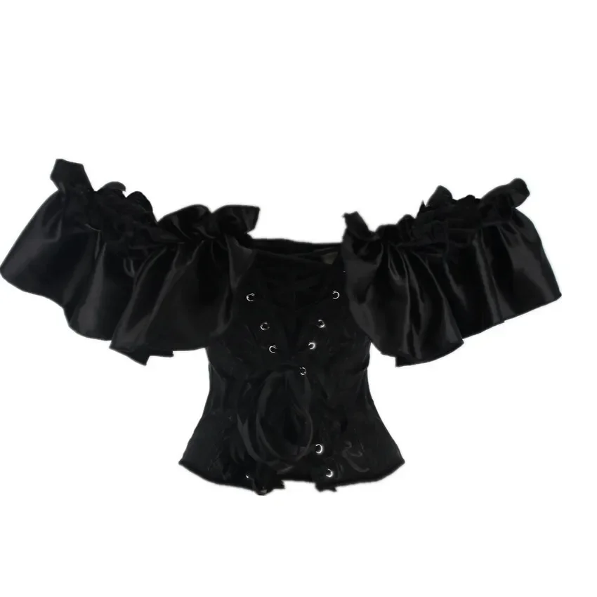 Women Vintage Bustier Corset Sexy Corset Shirt Overbust Corset Top Buckle Off Shoulder Ruffles Sleeve Bustier Lace Up Bodyshaper