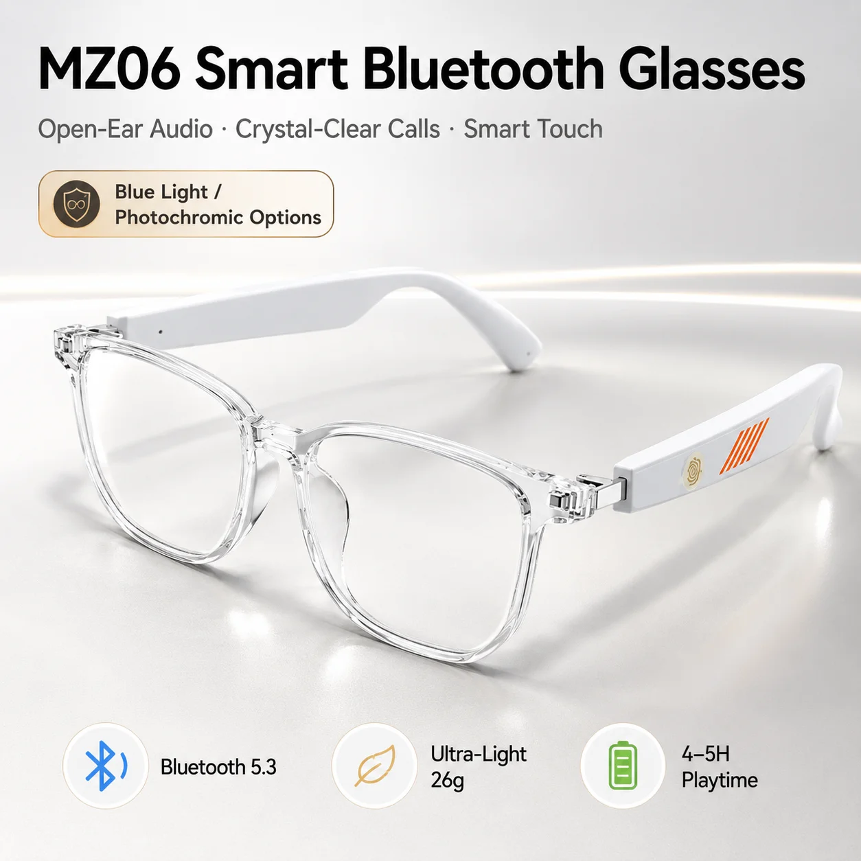 Blue Light Blocking Smart Audio Glasses - MZ06 スマートブルートゥースグラス オープンイヤーオーディオアイウェア ブルーライトブロッキング調光レンズ 音声アシスタント ハンズフリー通話
