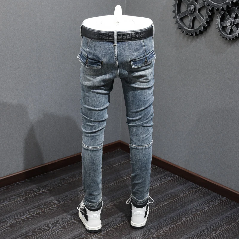 Street Fashion Men Jeans Retro Blue Elastic Stretch Slim Fit Ripped Jeans Men Zipper Patched Designer Hip Hop Denim Pants Hombre