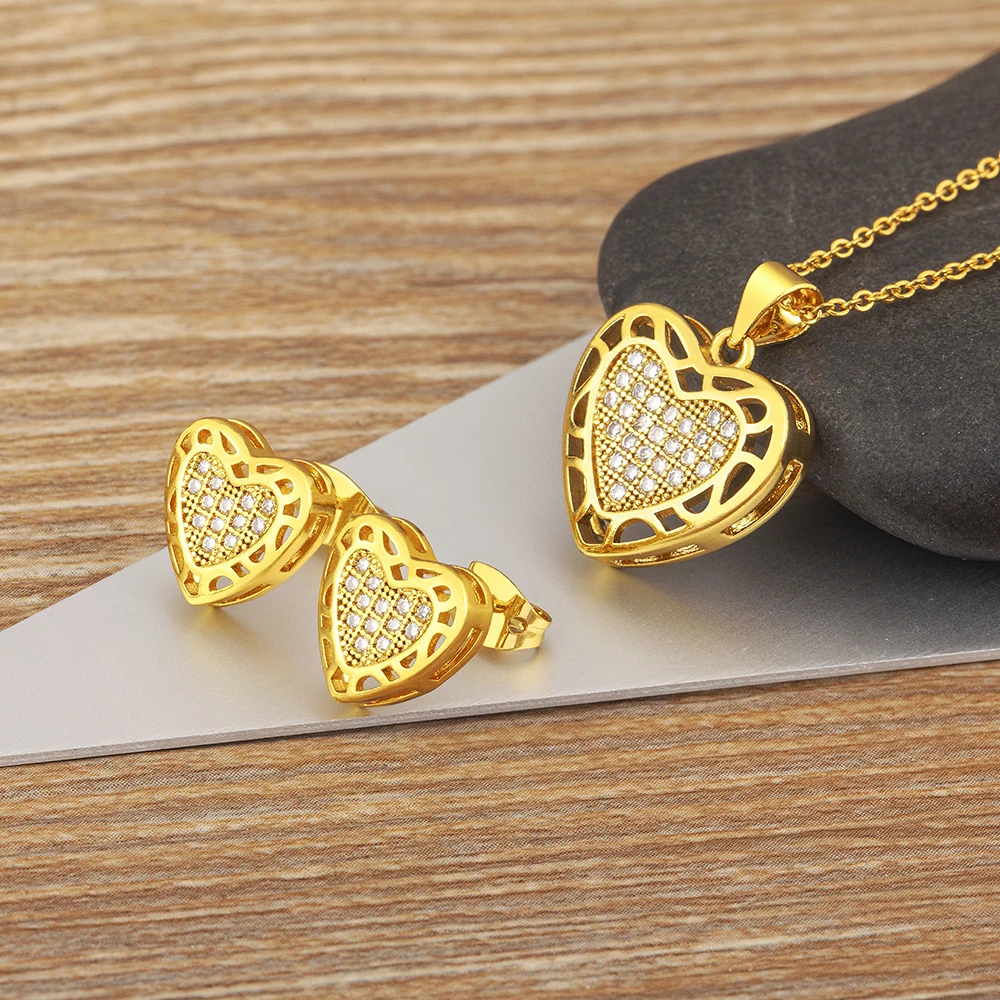 

Nidin Creative Design Love Heart Pendant Necklace Zircon Earrings For Women Exquisite Romantic Valentine's Day Jewelry Sets