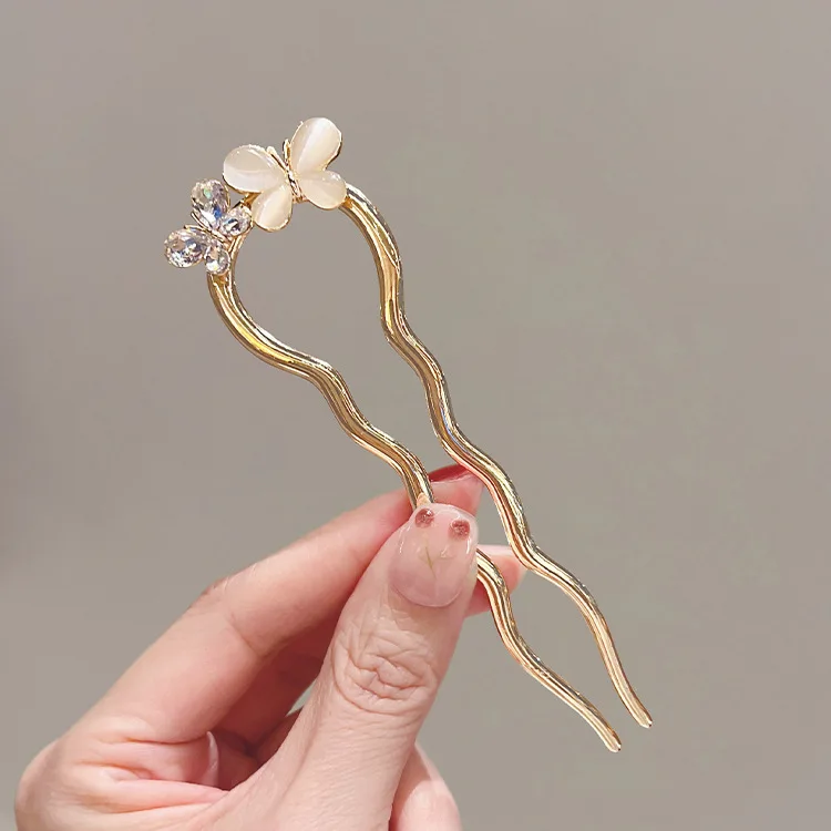 Kristall Opal Schmetterling Haarnadel Frauen alten Stil einfache Haarnadel neue U-förmige Metall Haarnadel Sommer Kopf bedeckung – Detail 2
