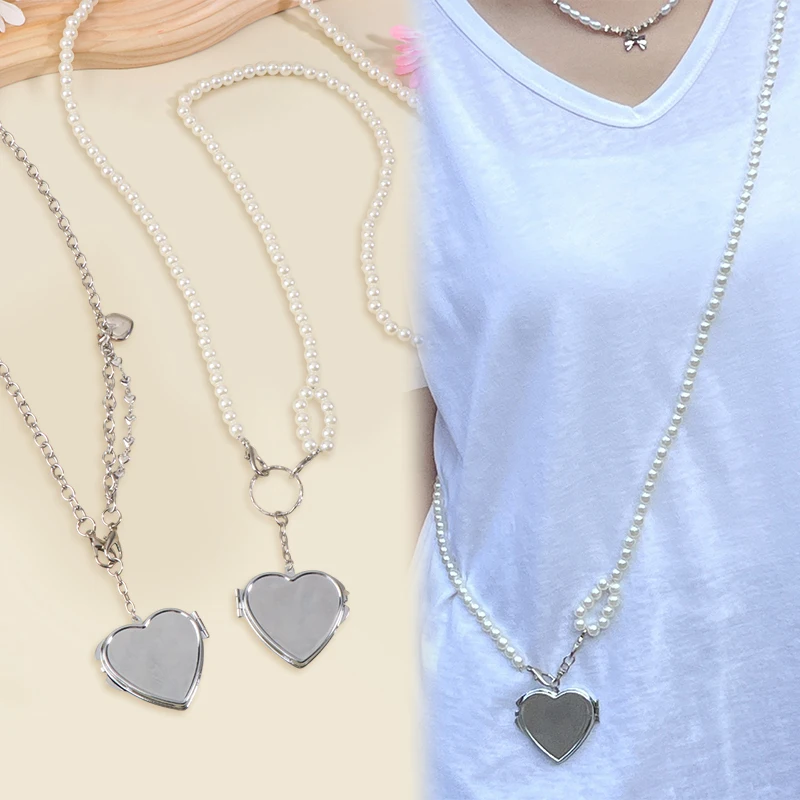 Ins Pearl Crossbody Shoulder Bag Chain Long Necklace W/Heart Mirror Pendant Pearl Shoudler Chain Personality Collares Jewelry