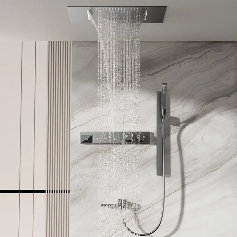 

Wall Mounted Rain Shower Set Built in Thermostatic Waterfall Shower Head Full Copper Customizable