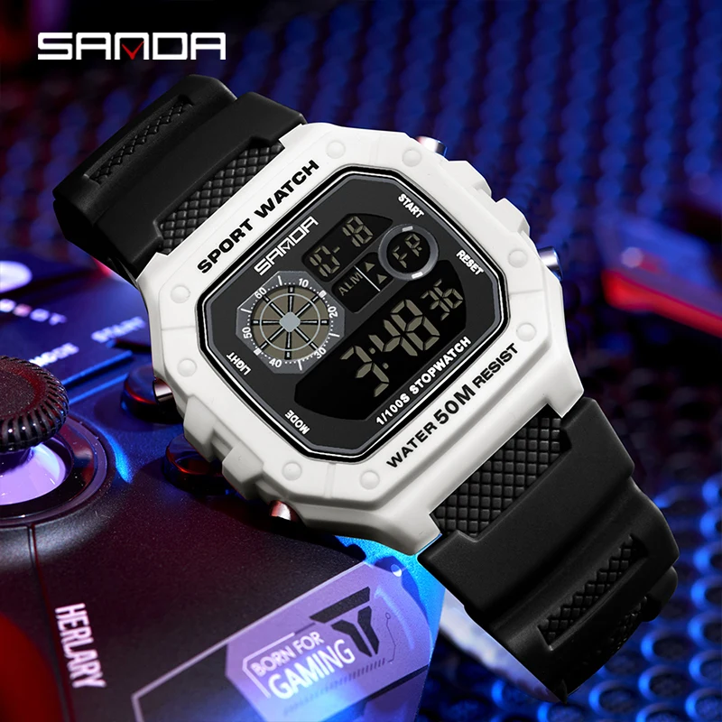 SANDA 2202 Waterproof LED Single Display Small Square Electronic Watch Fashionable Men's Electronic Watch Sports Multifunctional