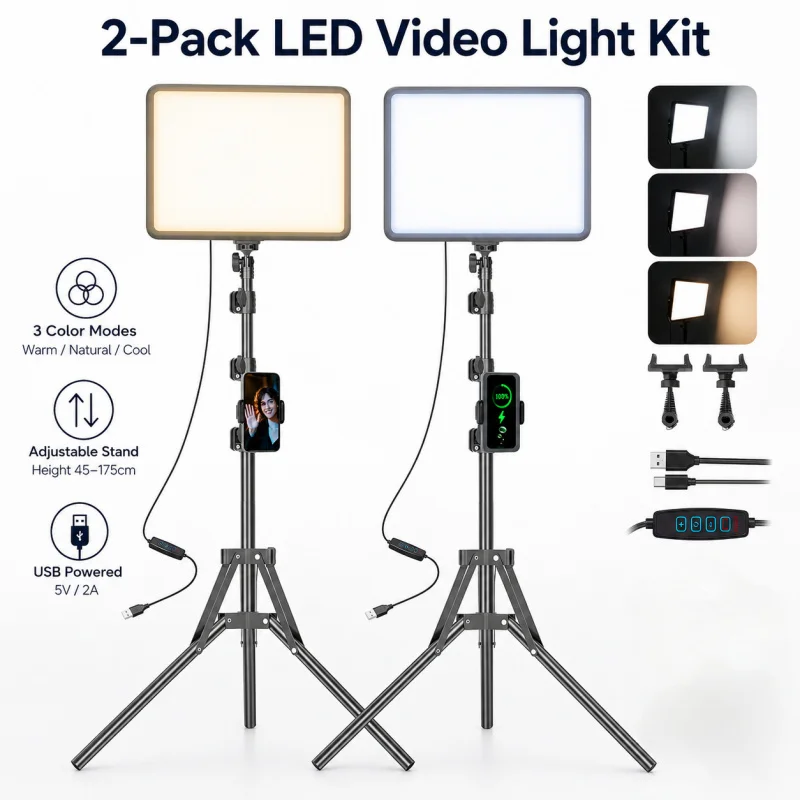 

2-Pack LED Video Light Kit 2800-6500K Dimmable Studio Light with Tripod Stand Phone Holder for Video Game Streaming YouTube