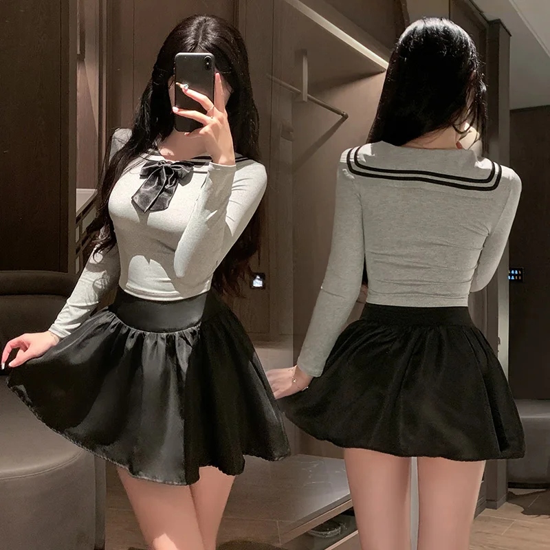 

LISM Sexy Long-Sleeve Sailor Lingerie Set Women's Fitted Gray Top Black Ruffled Mini Skirt Roleplay Outfit Role Play Cosplay