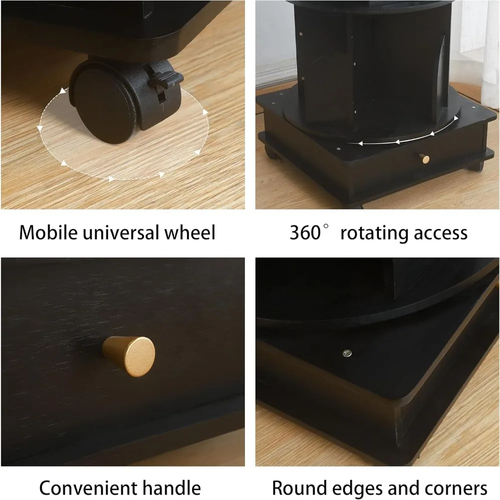 Libreria girevole in legno massello a 360 gradi con cassetti e ruote, libreria girevole per esposizione e conservazione di libri