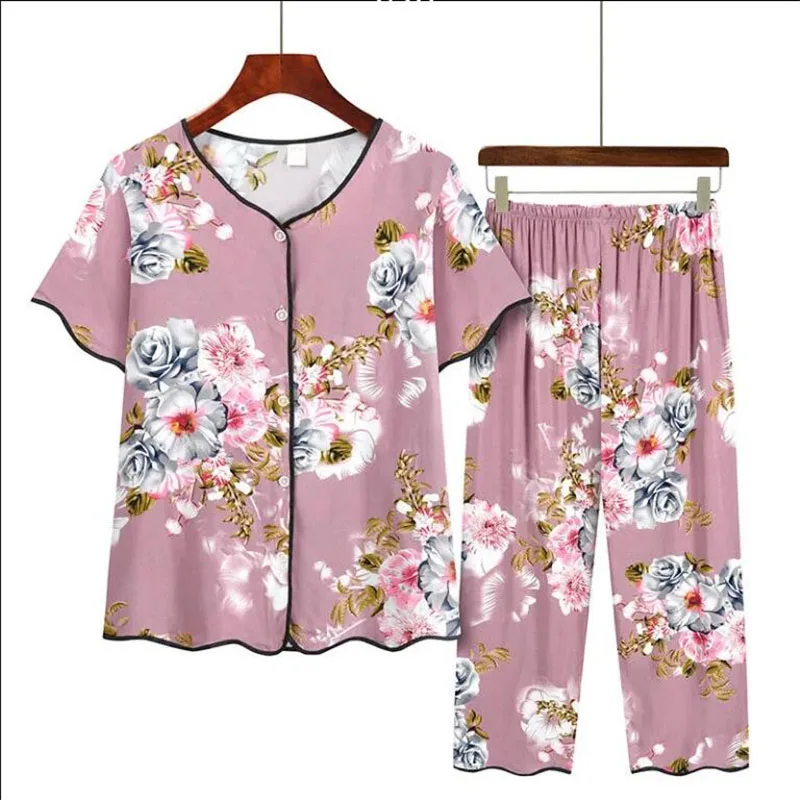 2023 New Summer Clothes Women Suits Middle-Aged Elderly Mother Casual Short-Sleeved Printing T-Shirts @ Pants Two-Piece Suit