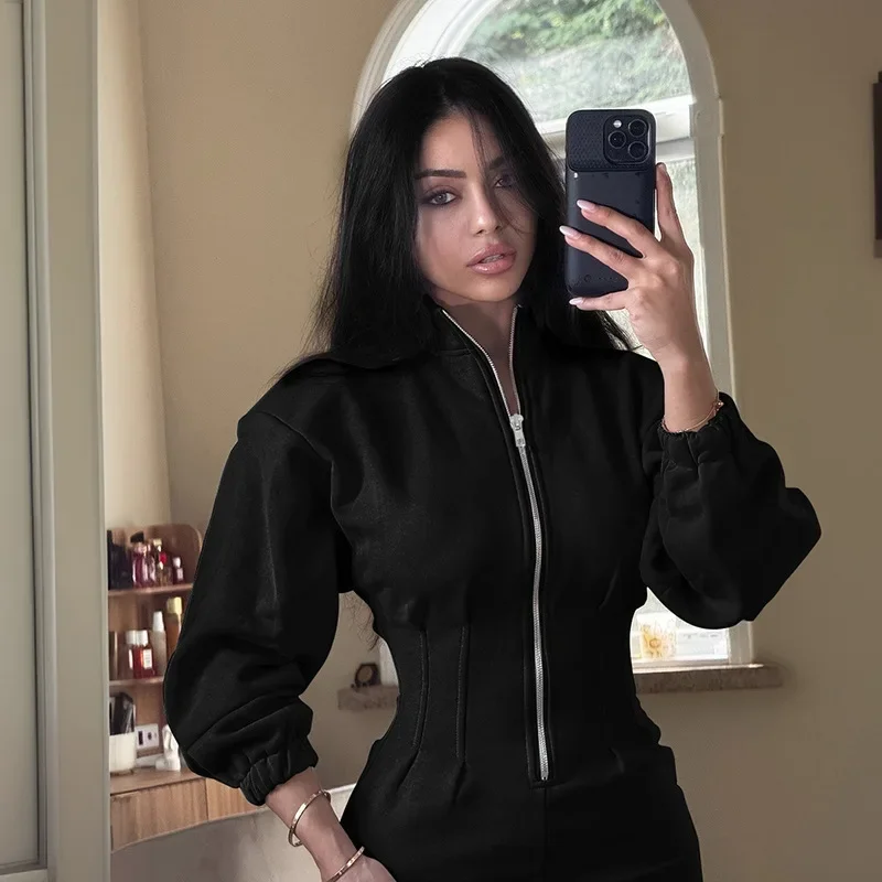 Chaxiaoa Long Sleeve Zipper Mini Dresses Women Vestidos 2025 Autumn Winter New Stand Collar Waisted Bodycon Dress Black Beige