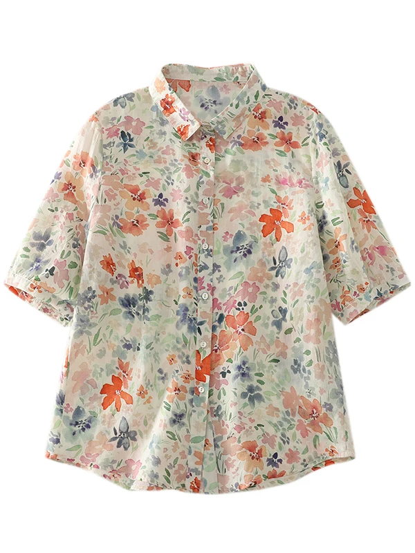 Country Sle Floral Print irt Large Size Women's Anti-Aging Flower Patterned f Sve Turn-down Collar Single Button Top