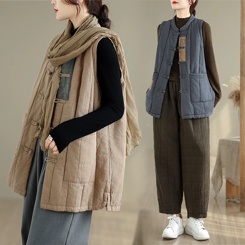 Chaleco de lino y algodón Thiened Color puro suelto calidez mujer Otoño Invierno Color Zen Sle nueva llegada