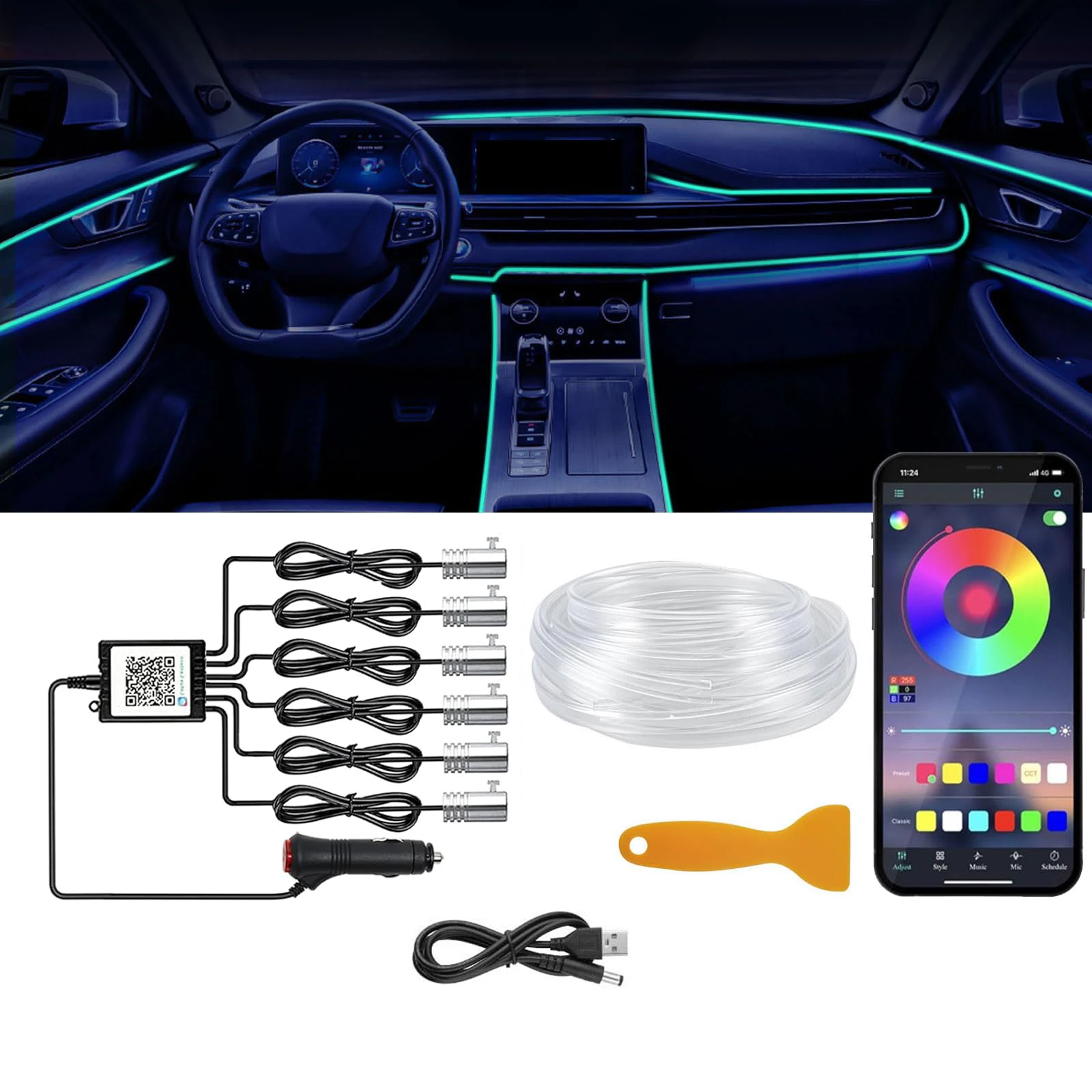 DIY Flexible Neon Light 12V RGB LED Strip for Car Interior Decorative Lamp App Control Ambient Atmosphere Lamp