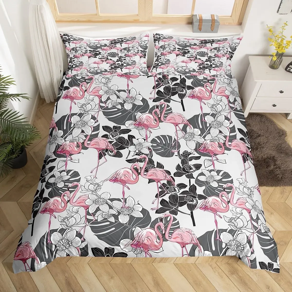 Pink Flamingo Duvet Cover for Girl Women 2/3 Pcs Romantic Theme Bedding Set King Rustic Flower Palm Leaves Print Comforter Cover