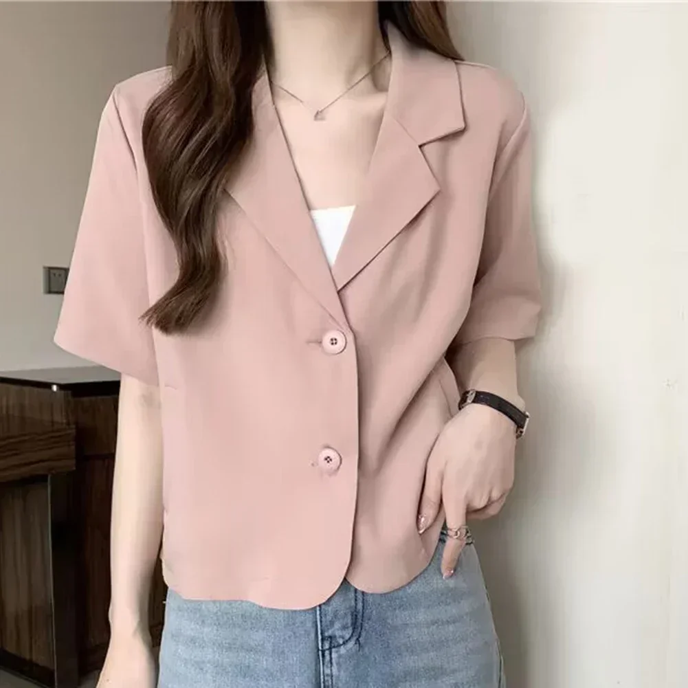 Summer Blazers Women Blazers Medium Elasticity Polyester Short Sleeves Single Breasted Solid Color Summer Comfy