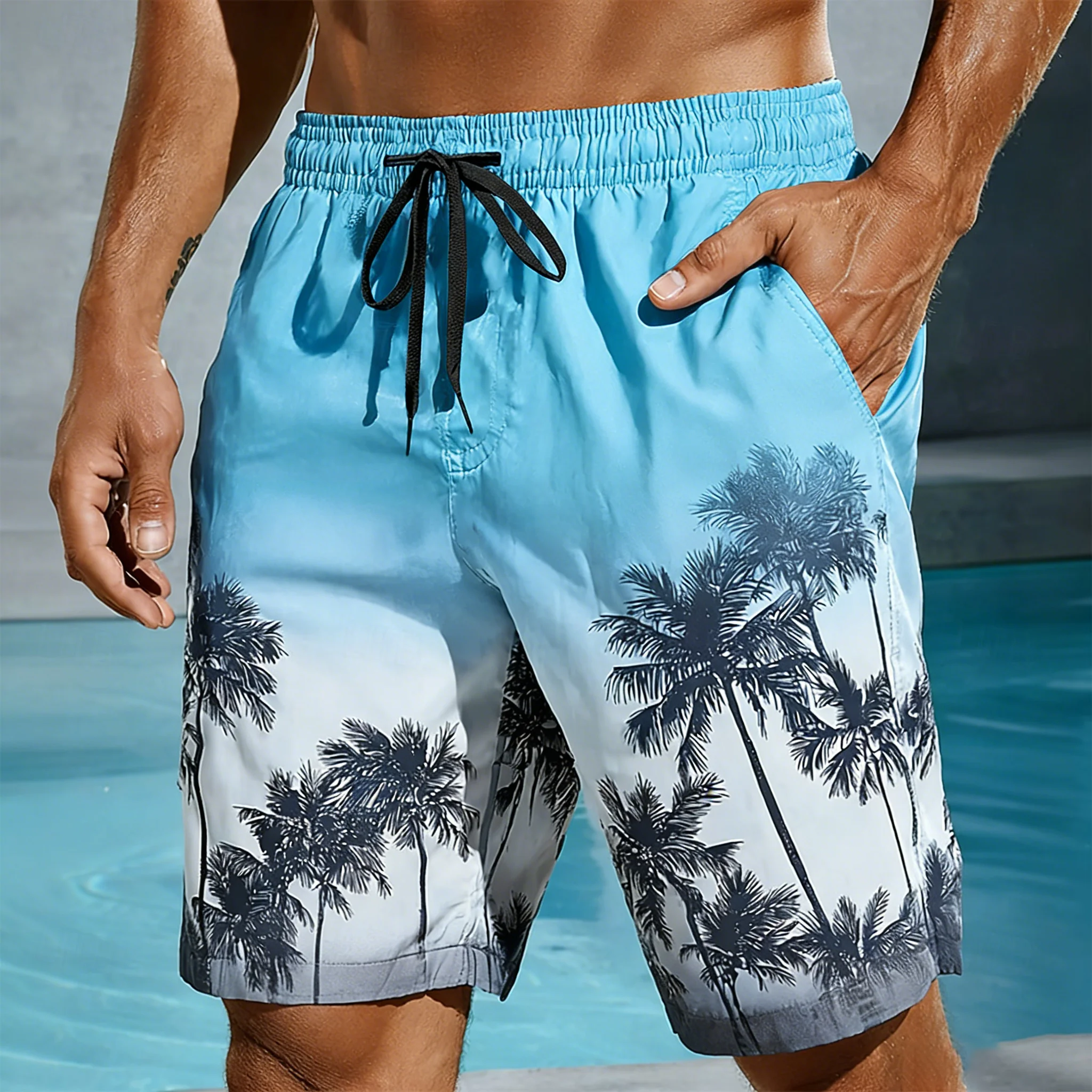 

Мужские пляжные шорты с градиентным разноцветным 3D-принтом пальм, повседневные пляжные шорты, летние легкие спортивные шорты для отдыха